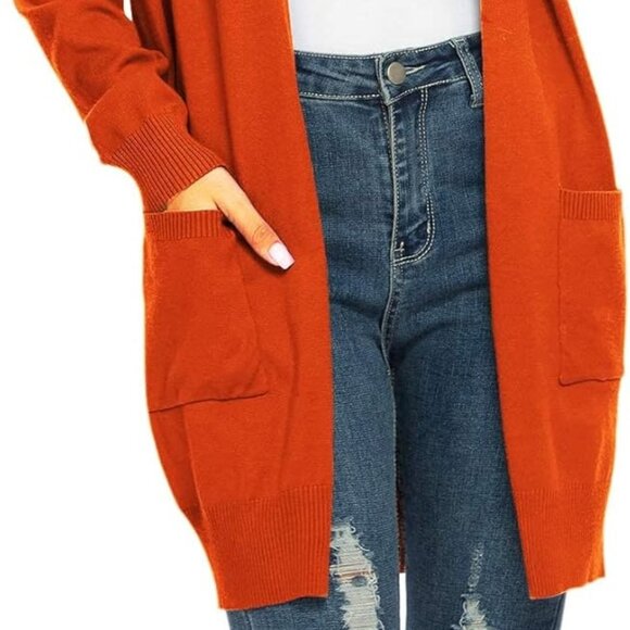 FREE w/Purchase NWT MicroStar Open Front Knit Shrug Cardigan w/ Pockets - Orange - Picture 3 of 12